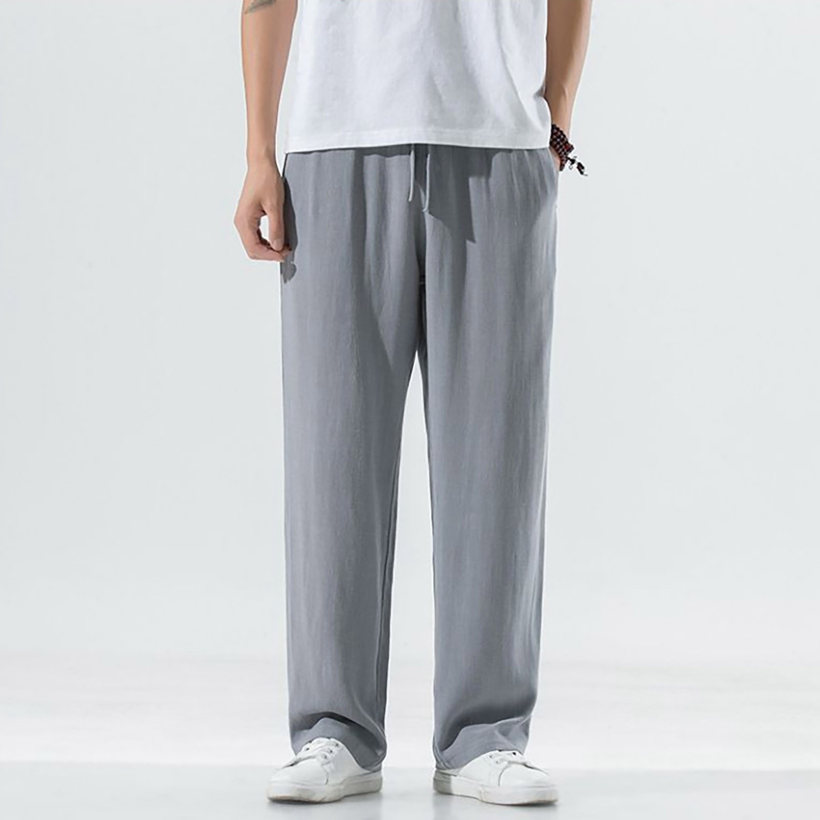 thumbnail image 4 of Pantalones informales de lino con cordón para hombre - Cintura elástica, bolsillos laterales - Ligeros y transpirables - Para la playa, el yoga y el verano, 4 of 8